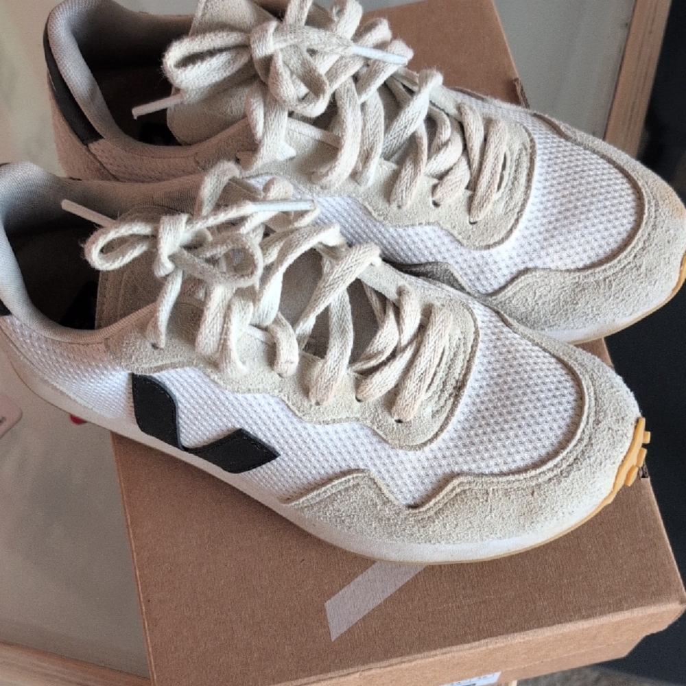 Veja Off-White and Tan Sneakers with Black Logo